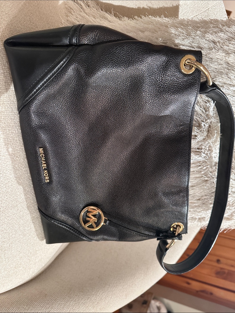 Michael Kors Black Leather Shoulder Bag with Gold Hardware and MK Logo Charm